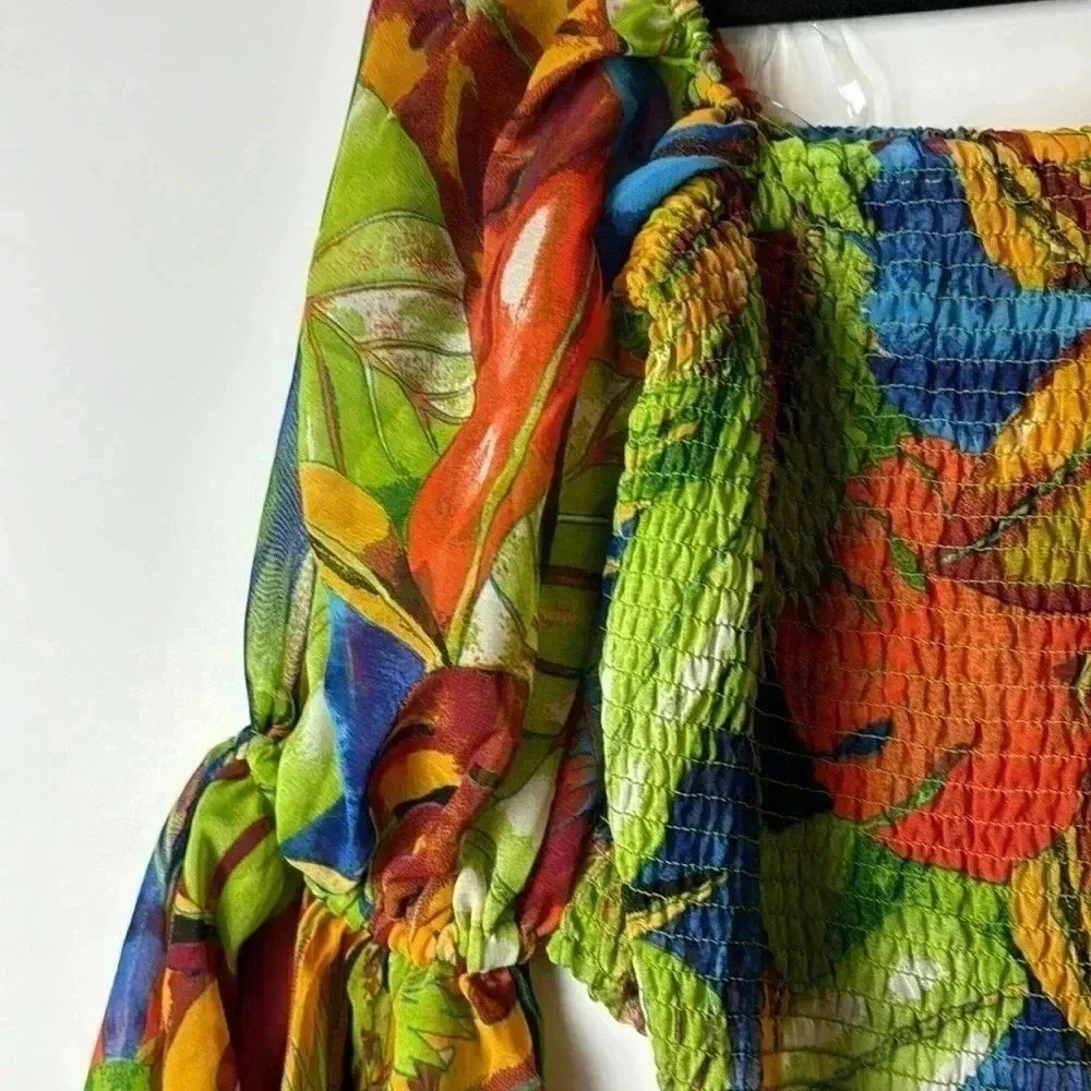 LIVE 4 TRUTH SZM tropical crop top elastic bodice flowing feminine sleeves multi - Picture 3 of 7